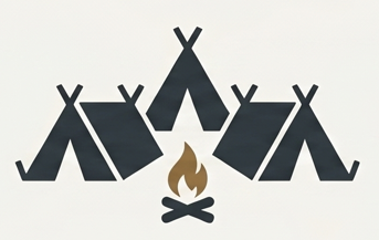 Five tents arranged in a semicircle around a campfire with a small, stylized flame and crossed sticks.