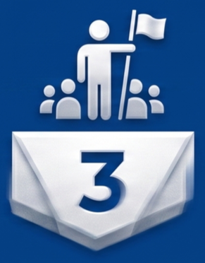 A graphic with a white figure holding a flag, surrounded by smaller white figures, above a white banner with the number three.
