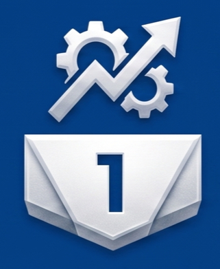 Graphic of gears and an upward trending arrow above a white card with the number one on it.