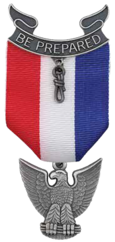 Medal with red, white, and blue ribbon, metallic eagle at the bottom, and a black ribbon at the top with white text 'BE PREPARED'.