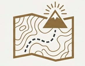 A stylized map with topographical lines, a mountain icon with sun rays, and a dotted path across the map.