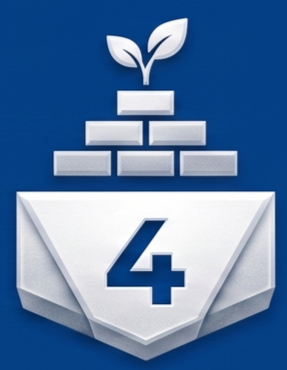 Logo with a white plant sprouting from bricks above a large white number 4 on a blue background.