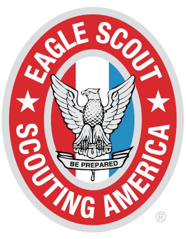 Eagle Scout emblem with red, white, and blue colors, featuring an eagle and the words "Eagle Scout" and "Scouting America" around the circle.