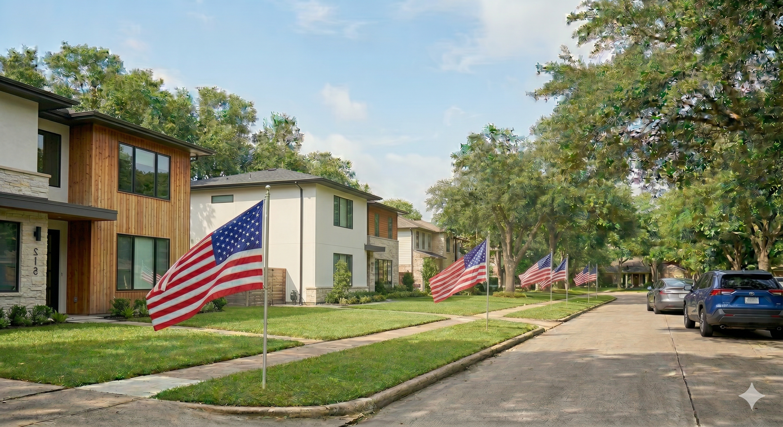Neighborhood street with modern houses, American flags along the sidewalk, parked cars, large green trees, and a partly cloudy sky.