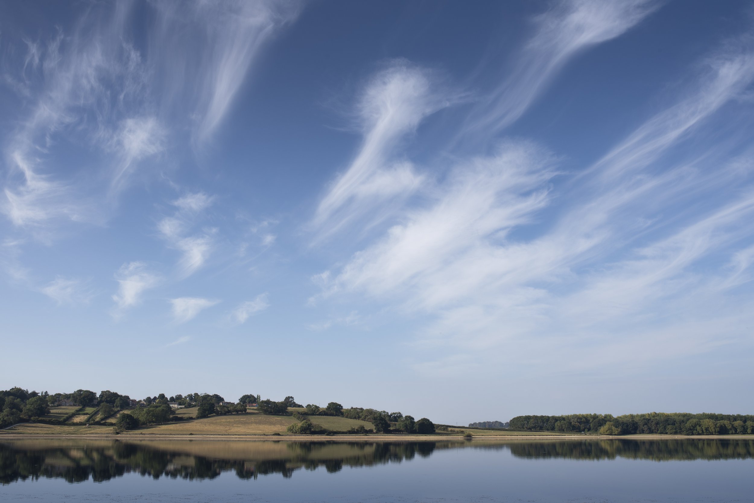 Rolling hills with trees and hedges reflecting into water, with a big sky with light clouds above