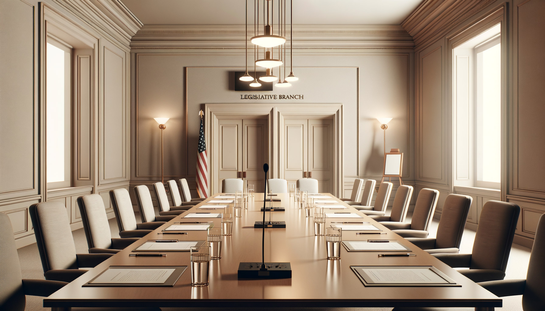 A formal conference room with a long wooden table surrounded by beige chairs. The table is set with glass of water, notepads, and pens. The room has cream-colored paneled walls, large windows, and is illuminated by ceiling and wall-mounted lights. A black microphone is placed at the center of the table. At the far end, there are double doors with a sign that reads 'LEGISLATIVE BRANCH', an American flag, and a chalkboard easel.