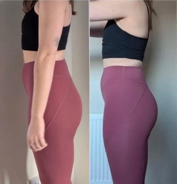 Side-by-side comparison of a woman with a fit physique, wearing a black sports bra and pink yoga pants, showing a before and after transformation.