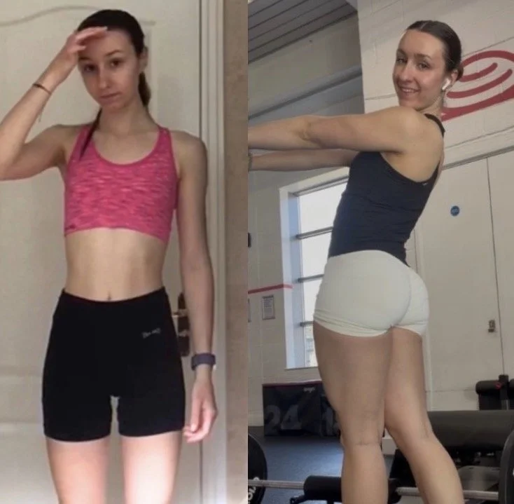 Side-by-side photos of two young women showing physical fitness. The woman on the left is wearing a pink sports bra and black shorts, standing indoors, with a hand on her forehead. The woman on the right is wearing a navy tank top and white shorts, standing in a gym or fitness area, smiling and stretching her arms.