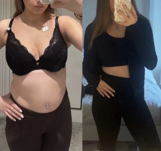 Side-by-side mirror selfies of a woman with long hair, wearing black clothing; on the left, a lace bralette and dark pants, on the right, a crop top and matching pants.