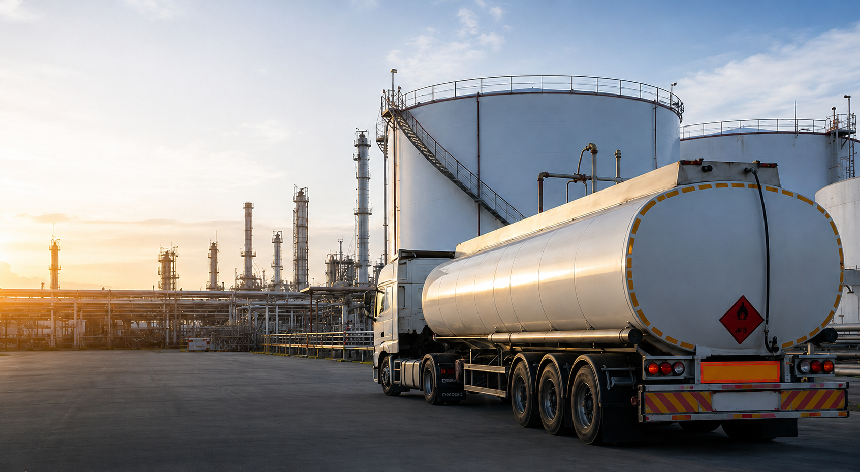 Fuel tanker truck parked at an industrial refinery with large storage tanks and distillation columns in the background during sunset.