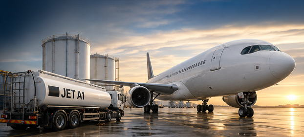 An airplane connected to a jet fuel truck on an airport tarmac during sunset.