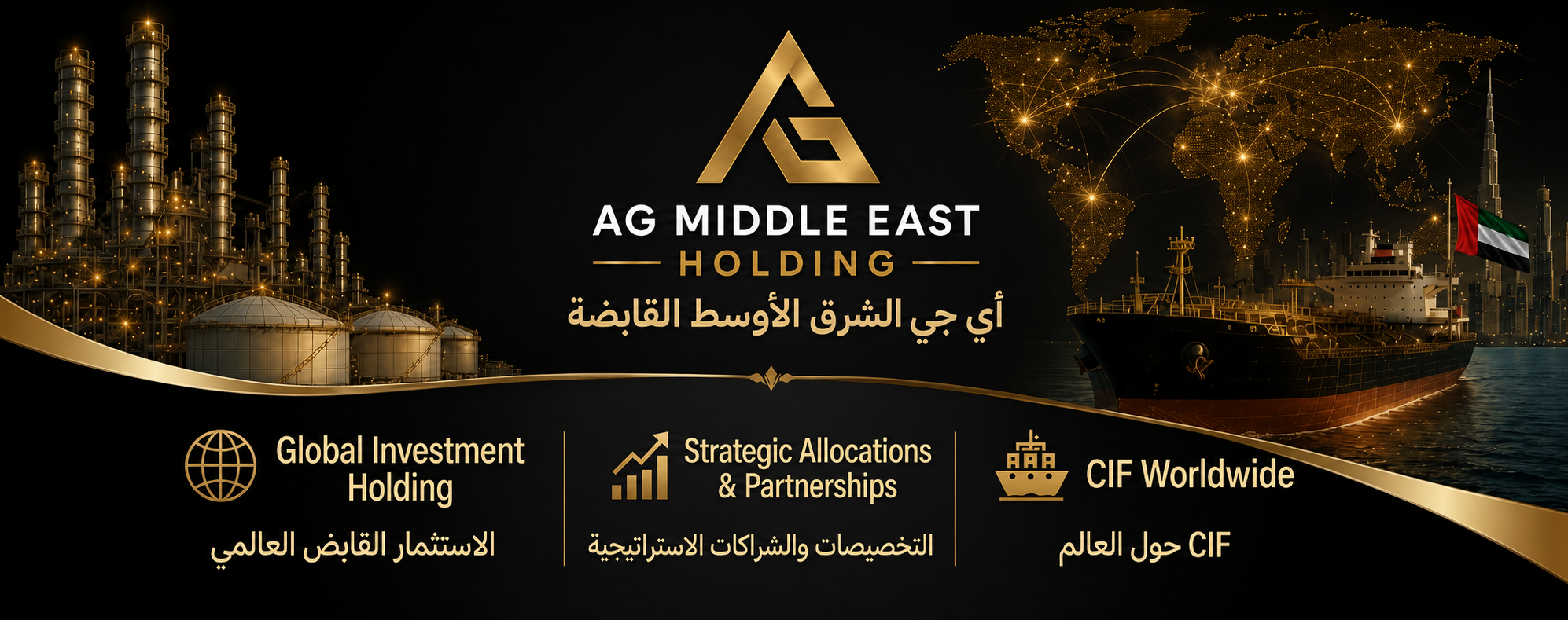 A corporate logo and text on a black and gold background featuring oil refinery infrastructure and a cargo ship with the United Arab Emirates flag. The text reads 'AG Middle East Holding' in English and Arabic, with additional text about global investment holding, strategic allocations and partnerships, and CIF worldwide.