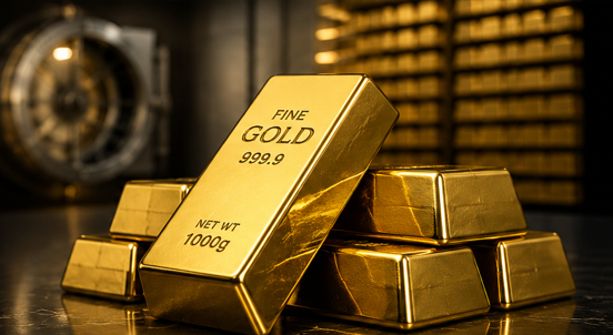 Stack of gold bars with one prominent gold bar labeled "Fine Gold 999.9" and "Net Wt 1000g" in a storage setting.