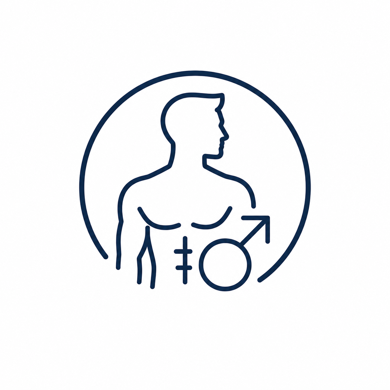 Outline of a male figure with male and female gender symbols at the waist and a circle around the head and shoulders.