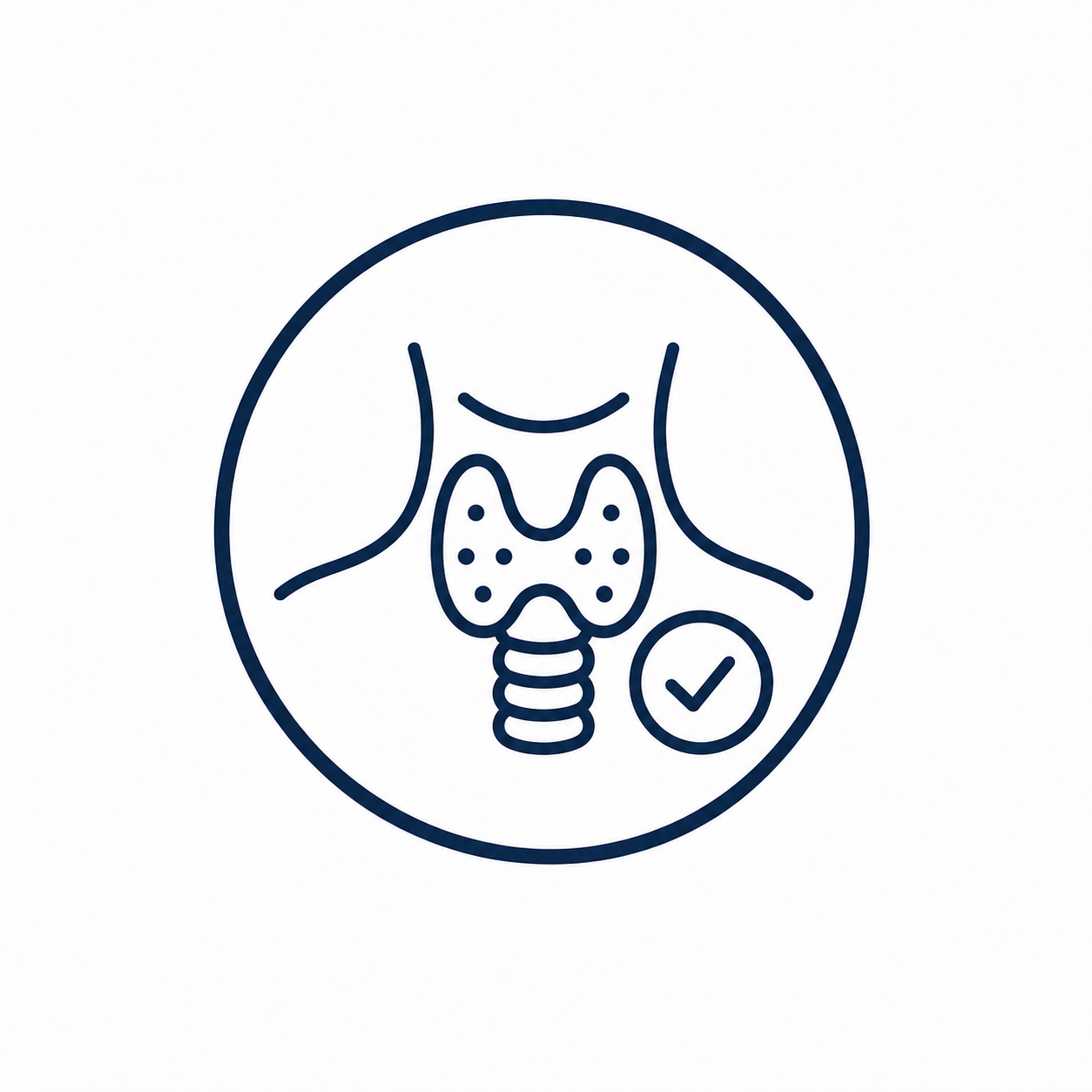 Illustration of a thyroid gland with a checkmark inside a circle, indicating thyroid health or treatment.