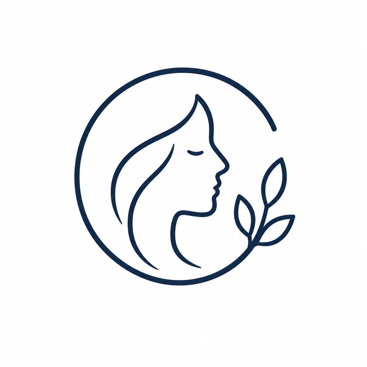 Minimalist logo of a woman's face in profile with flowing hair, surrounded by a circle and a leaf.