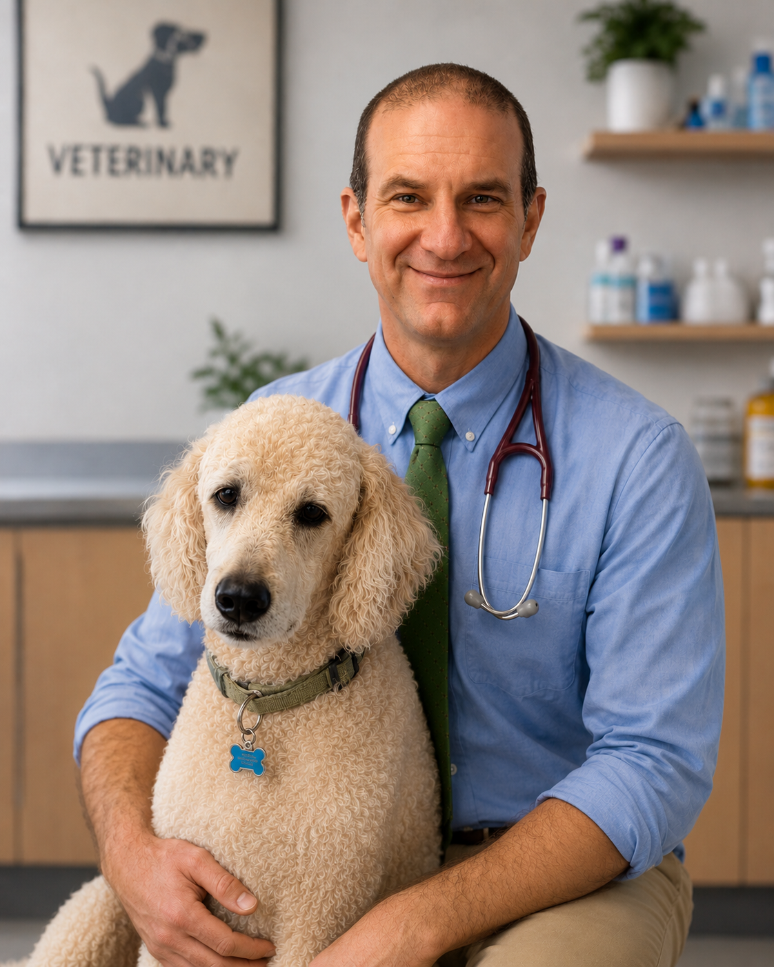A male veterinarian in a blue shirt, green tie, and stethoscope around his neck, smiling while holding a cream-colored Labradoodle dog in a veterinary clinic background.