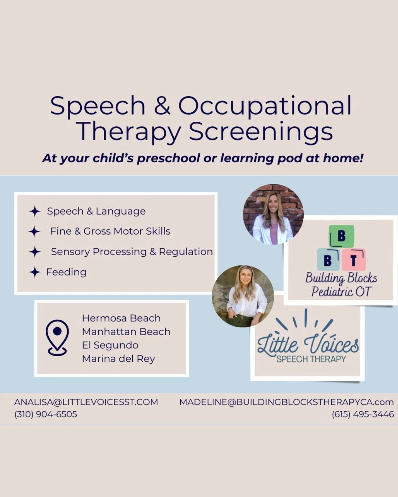 ⭐️Speech and Occupational Therapy Screenings⭐️ I&rsquo;m partnering up with Building Blocks Pediatric Occupational Therapy to provide screenings in the South Bay!  We know how important it is to catch potential challenges early, so we&rsquo;re teamin