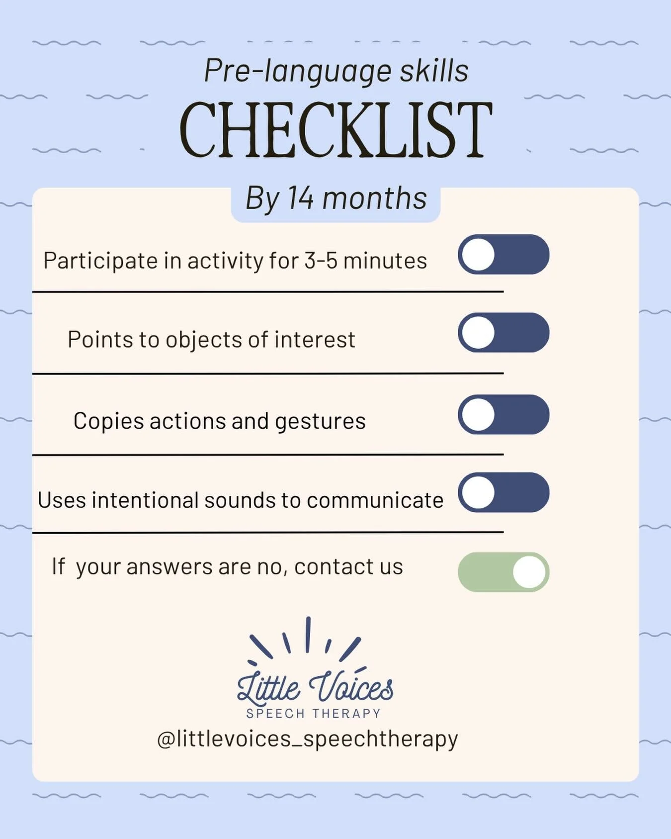 👉 Pre-language skills are the foundational building blocks children need before they begin using words to communicate.
👉 If your child has not yet said their first words and is not demonstrating these pre-language skills, it may be time to consult 