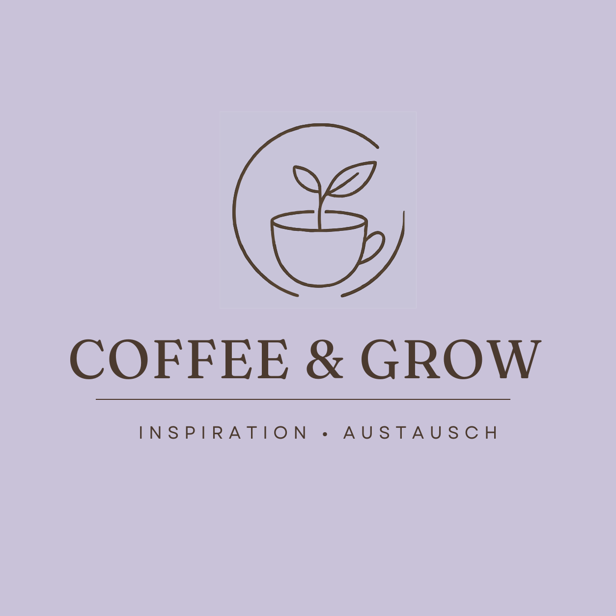 Eine Tasse mit Pflanze in einem Kreis auf fliederfarbenem Hintergrund, darunter steht Coffee & Grow.