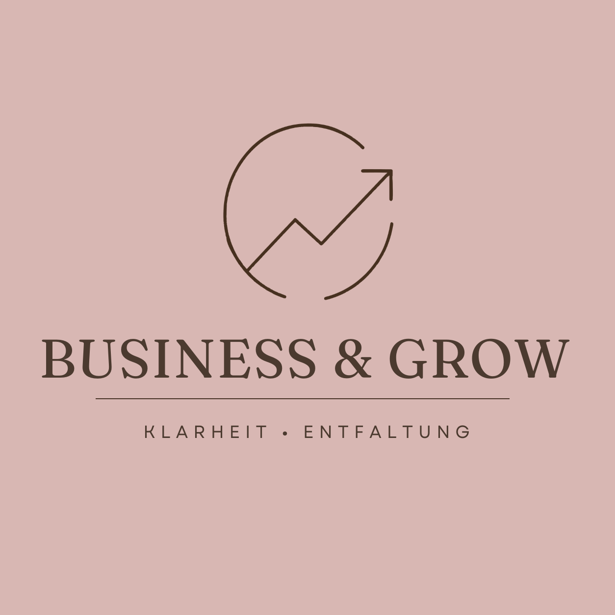 Ein Pfeil in einem Kreis steht auf Rosafarbenem Hintergrund, darunter steht Business & Grow.