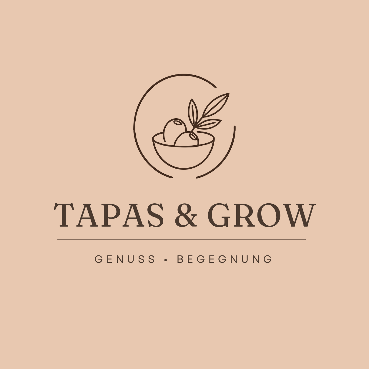 Eine Schale mit Zweig in einem Kreis auf pfirsichfarbenem Hintergrund, darunter steht Tapas & Grow.