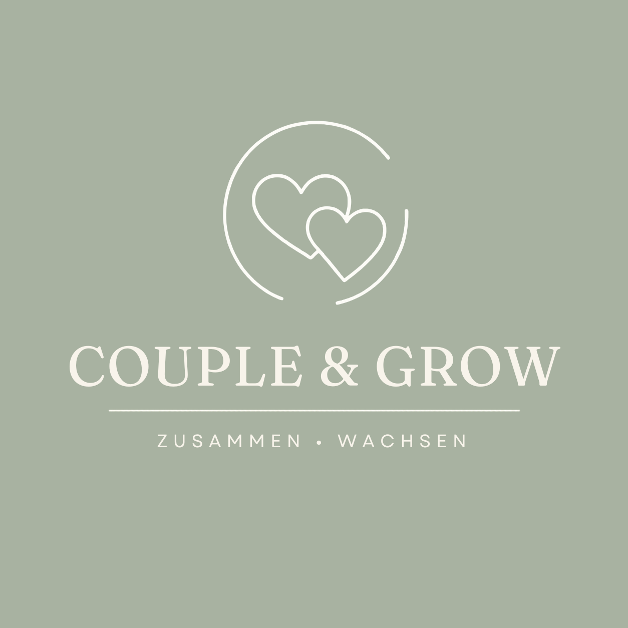 Zwei Herzen in einem Kreis auf salbeigrünem Hintergrund, darunter steht Couple & Grow.