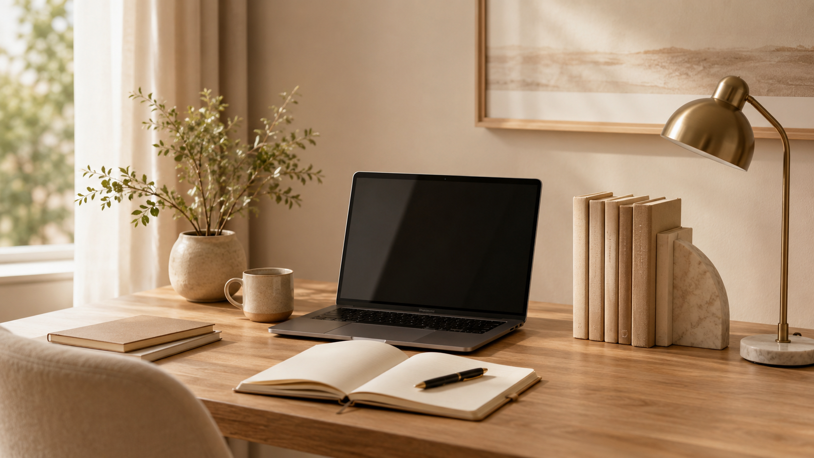 Minimal learning workspace with a laptop, open notebook, books and soft natural light.