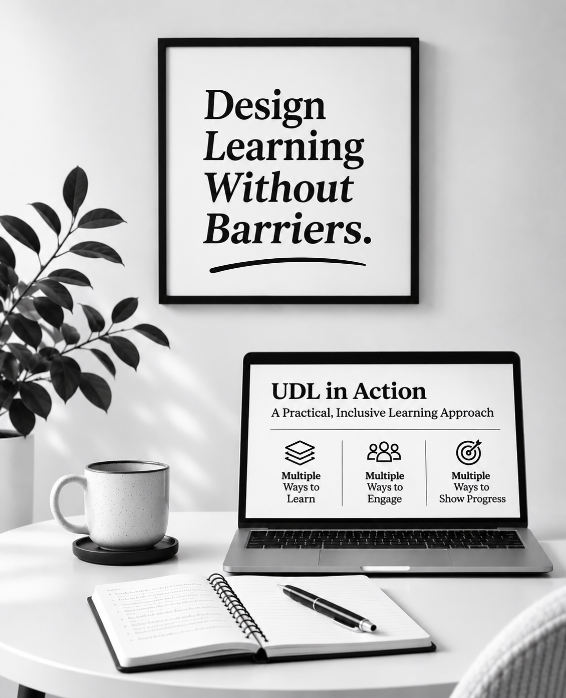 Minimalist black-and-white workspace with a framed “Design Learning Without Barriers” poster above a laptop displaying a UDL presentation, alongside a notebook, coffee mug and plant.