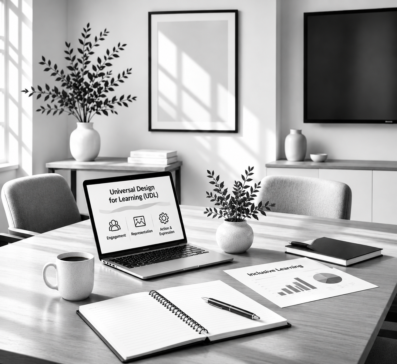Black-and-white workspace with a laptop displaying Universal Design for Learning (UDL) principles, inclusive learning materials, notebooks and plants in a bright, modern meeting room.