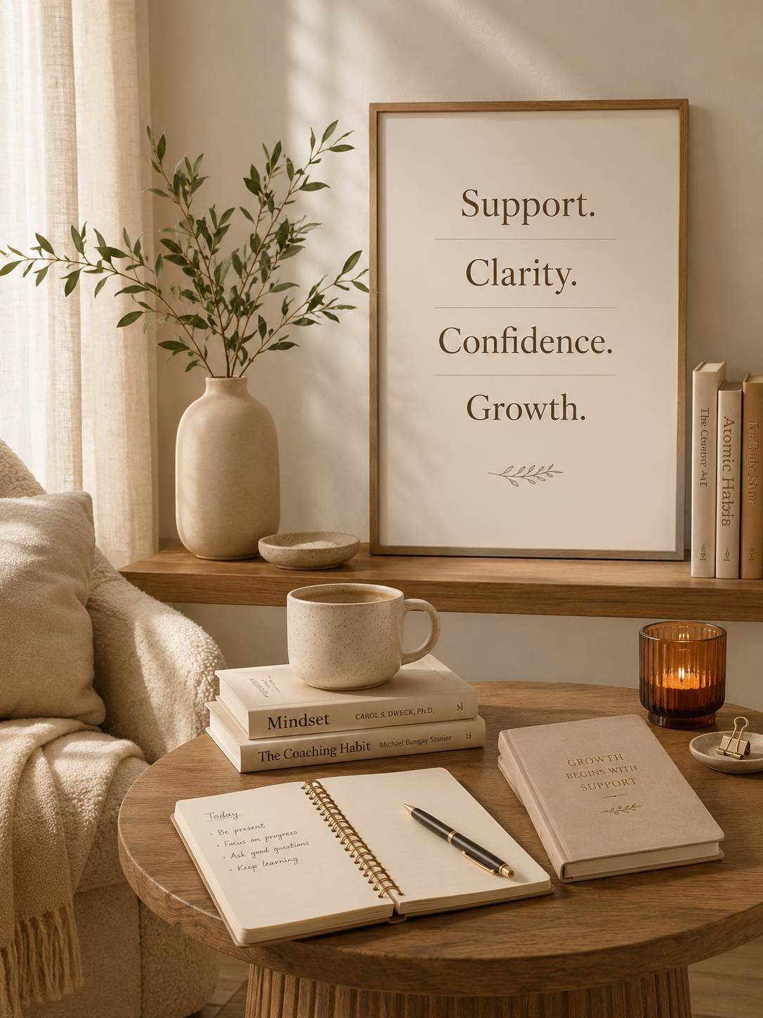 Warm learning space with books, notes and words about support, clarity, confidence and growth.