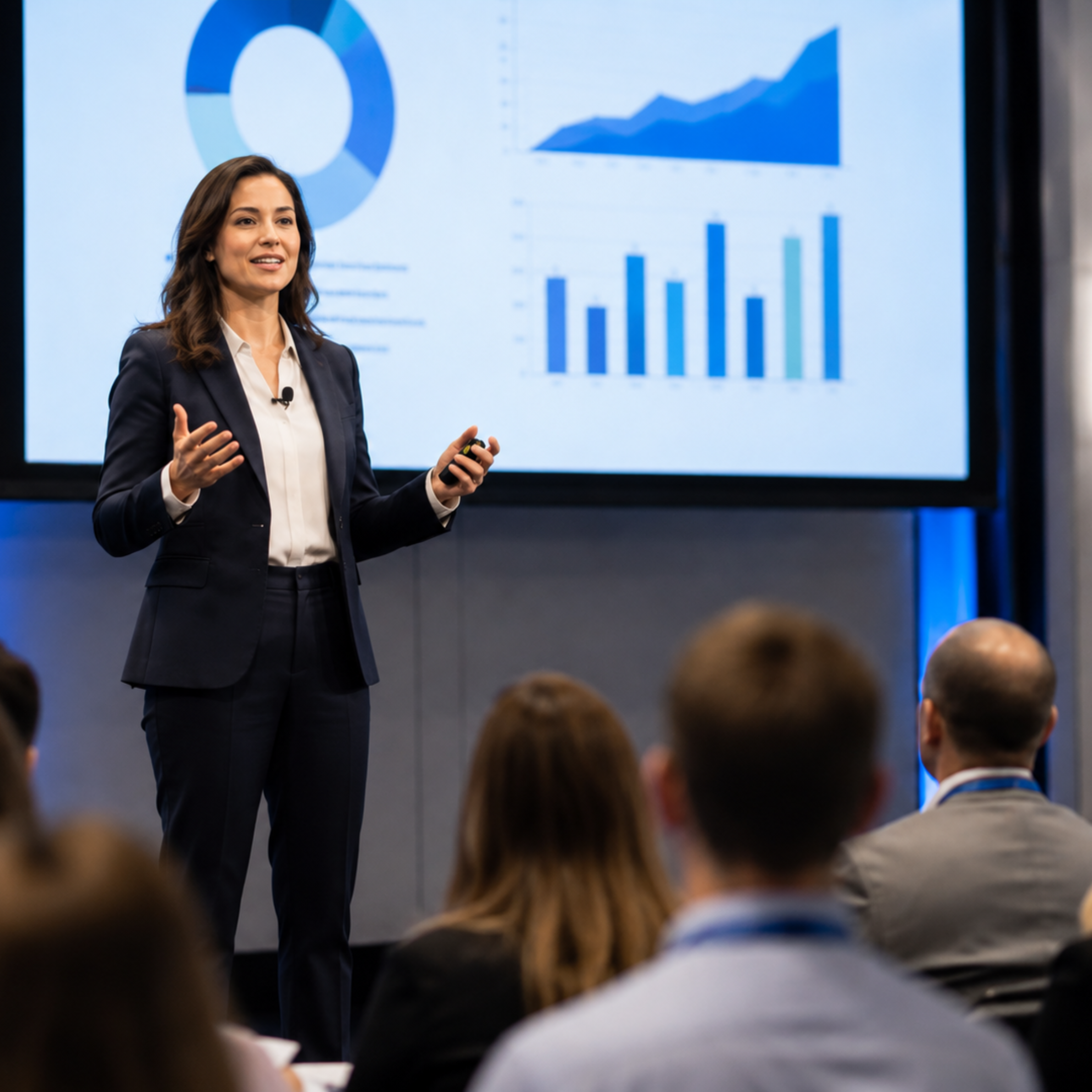 Woman giving a business presentation to an audience at a conference.