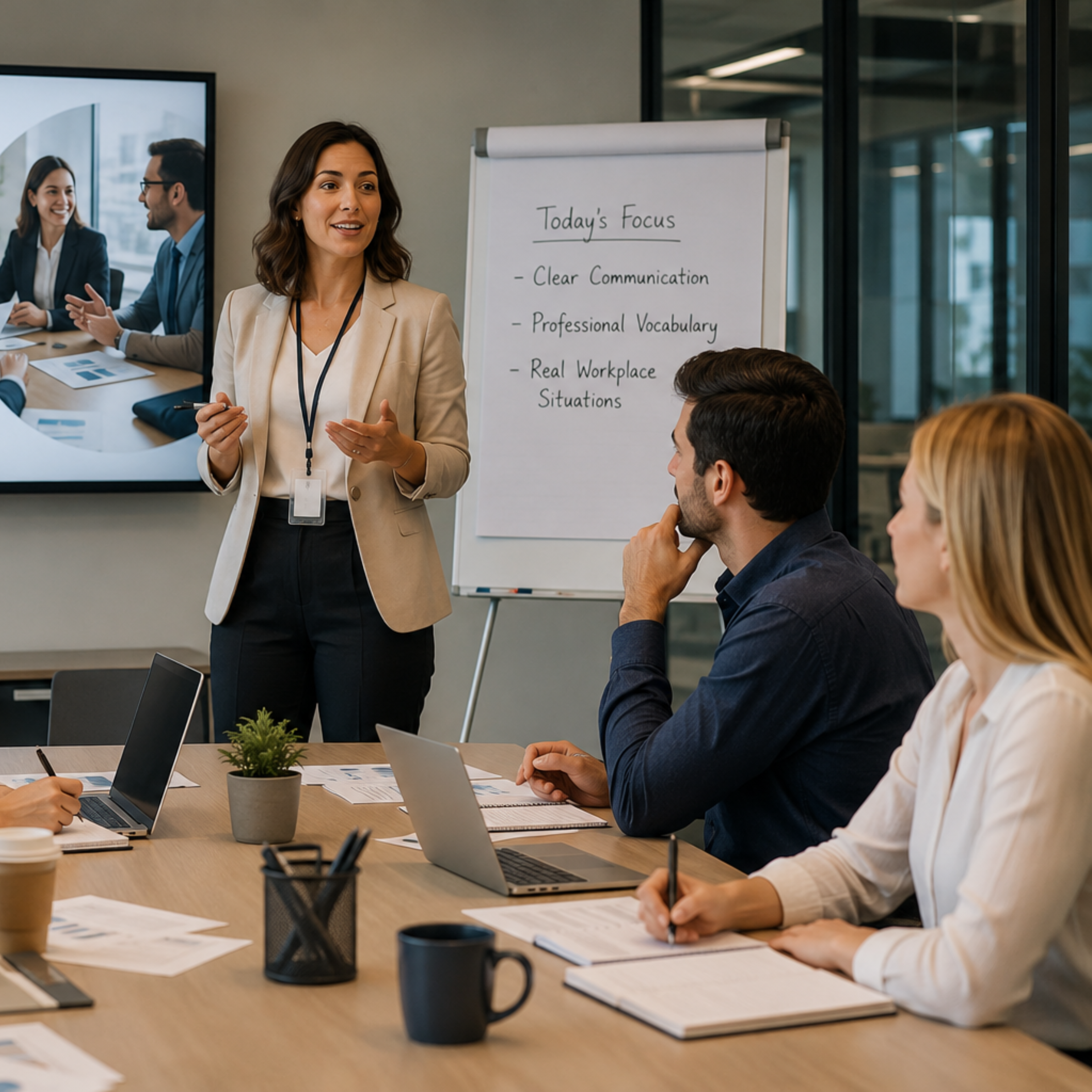 Trainer leading a corporate English communication session with a workplace team.