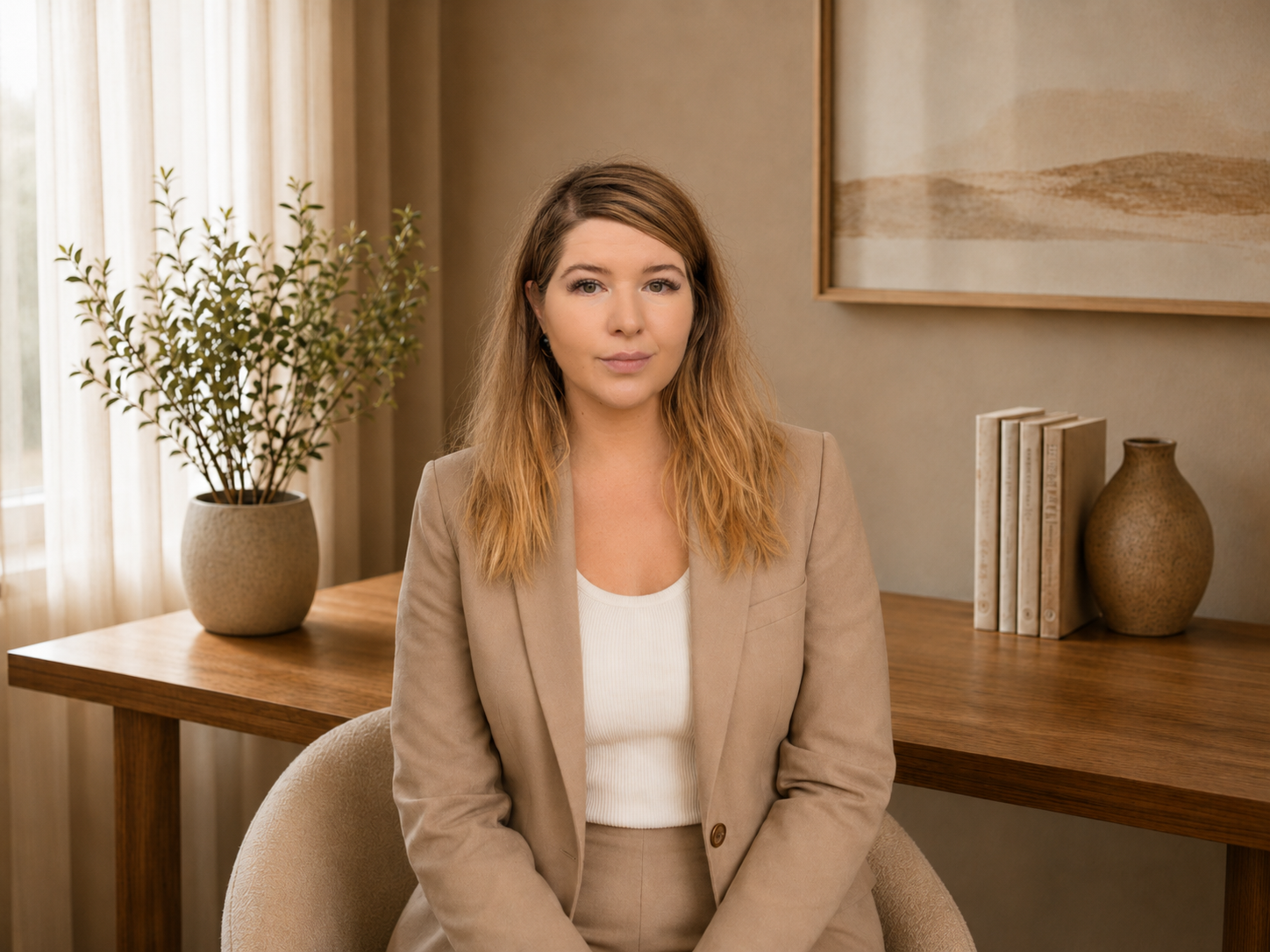 Woman in a beige blazer seated in a neutral workspace.