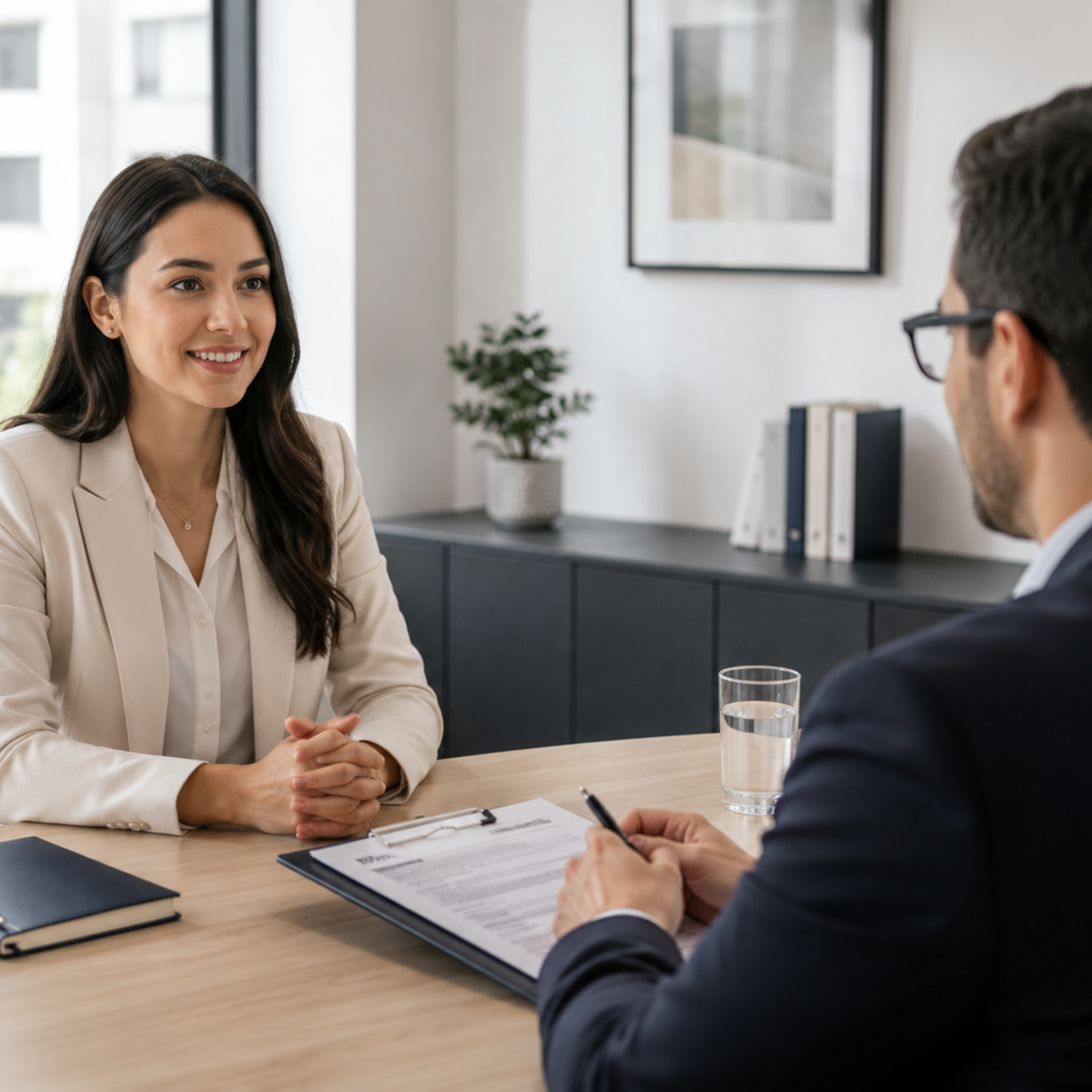 Person attending a professional job interview in a modern office.