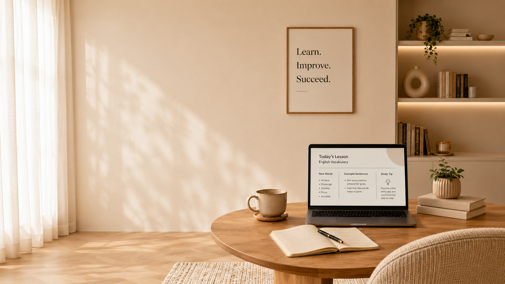 Minimal English learning workspace with a laptop, notebook and study materials.