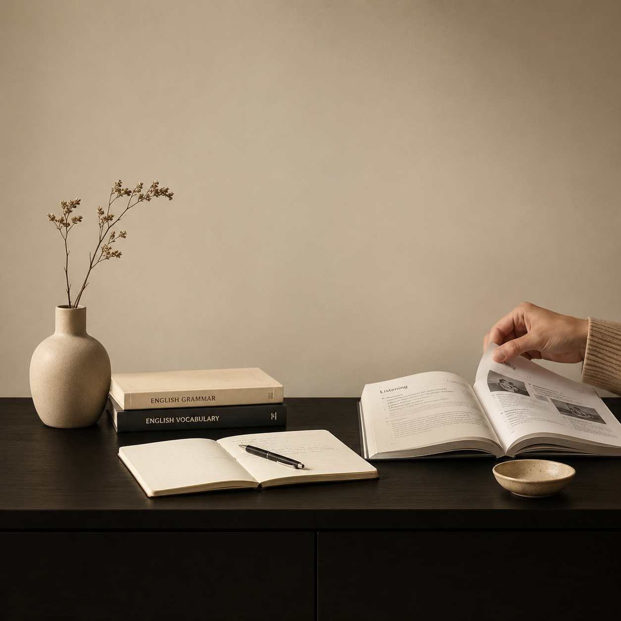 A dark wooden desk with an open notebook, a pen, and a book opened to a page titled 'Listening,' along with two other books titled 'English Grammar' and 'English Vocabulary,' a beige ceramic bowl, and a beige vase with dried branches.