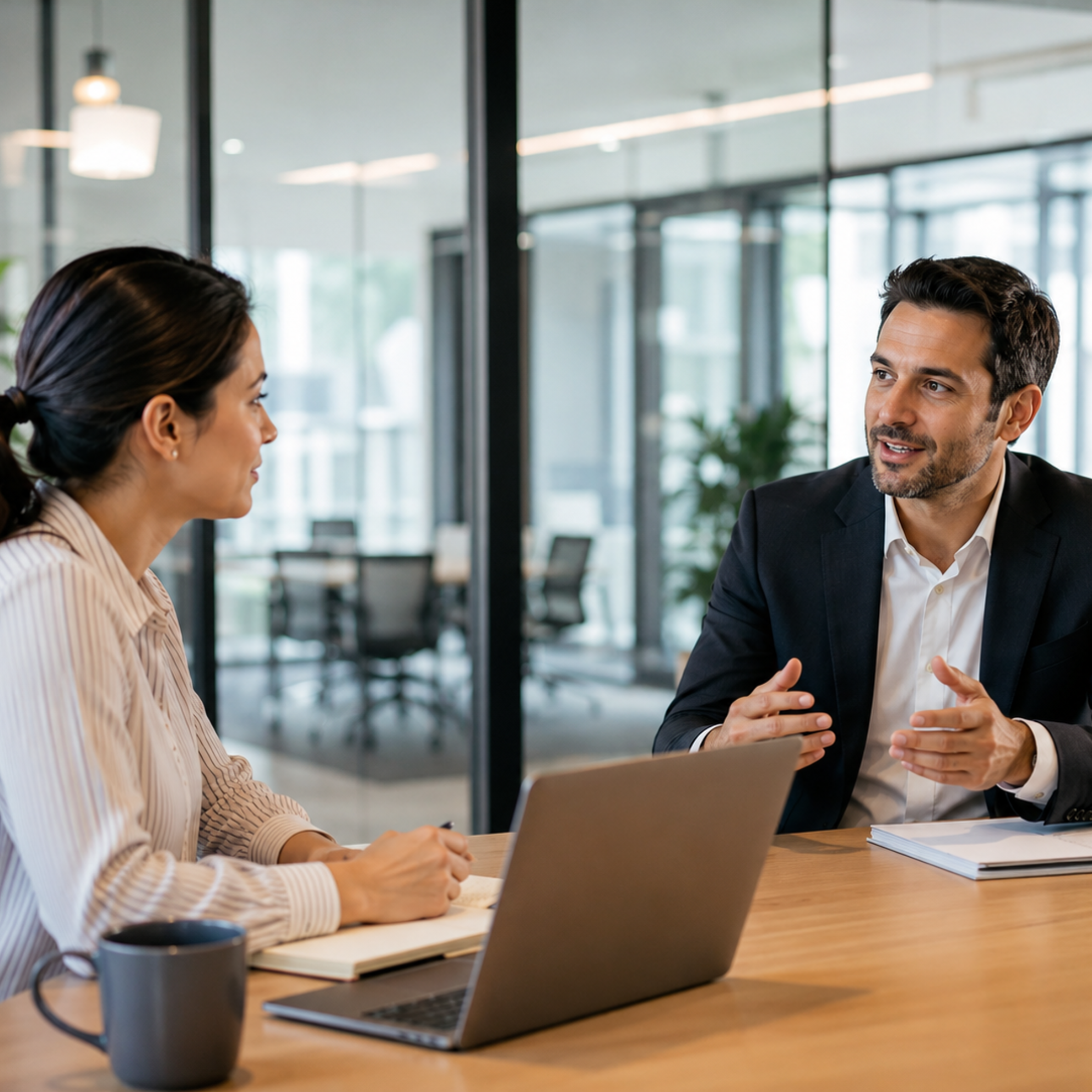 Two professionals discussing workplace communication in a modern office.