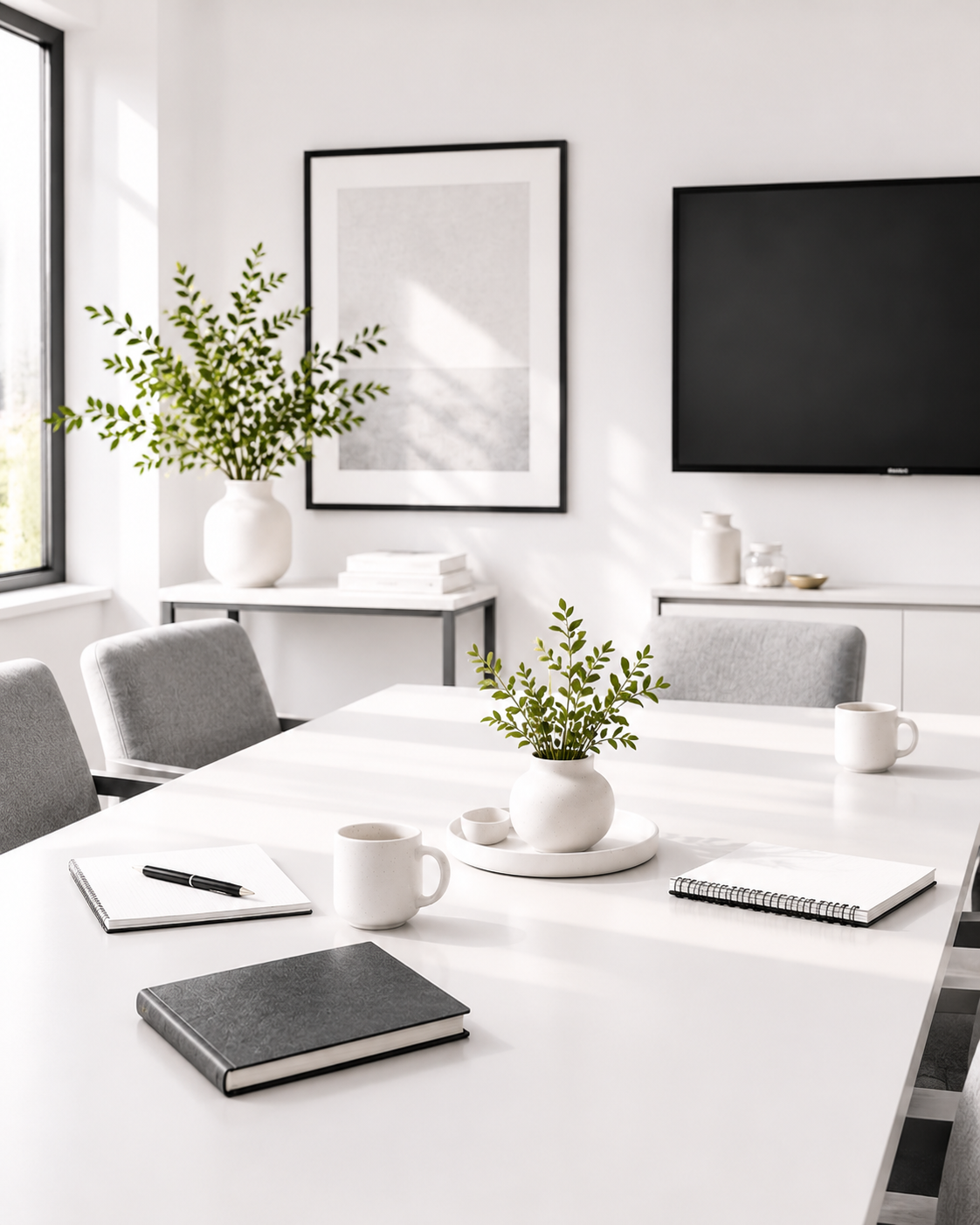 Bright, minimalist workshop room with a white meeting table, grey chairs, notebooks, mugs and green plants, surrounded by modern black-and-white décor.