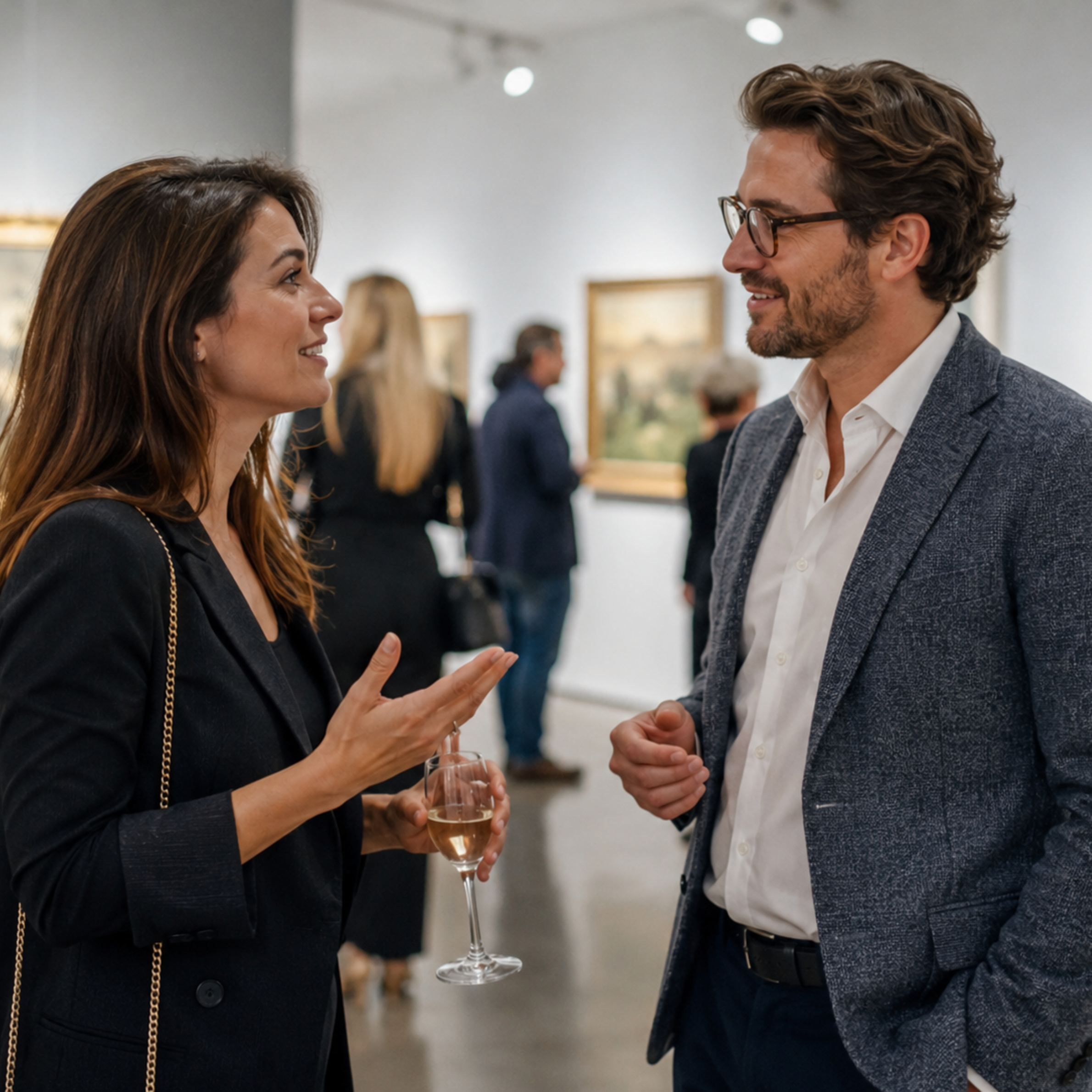 Two people having a confident conversation at an art gallery event.