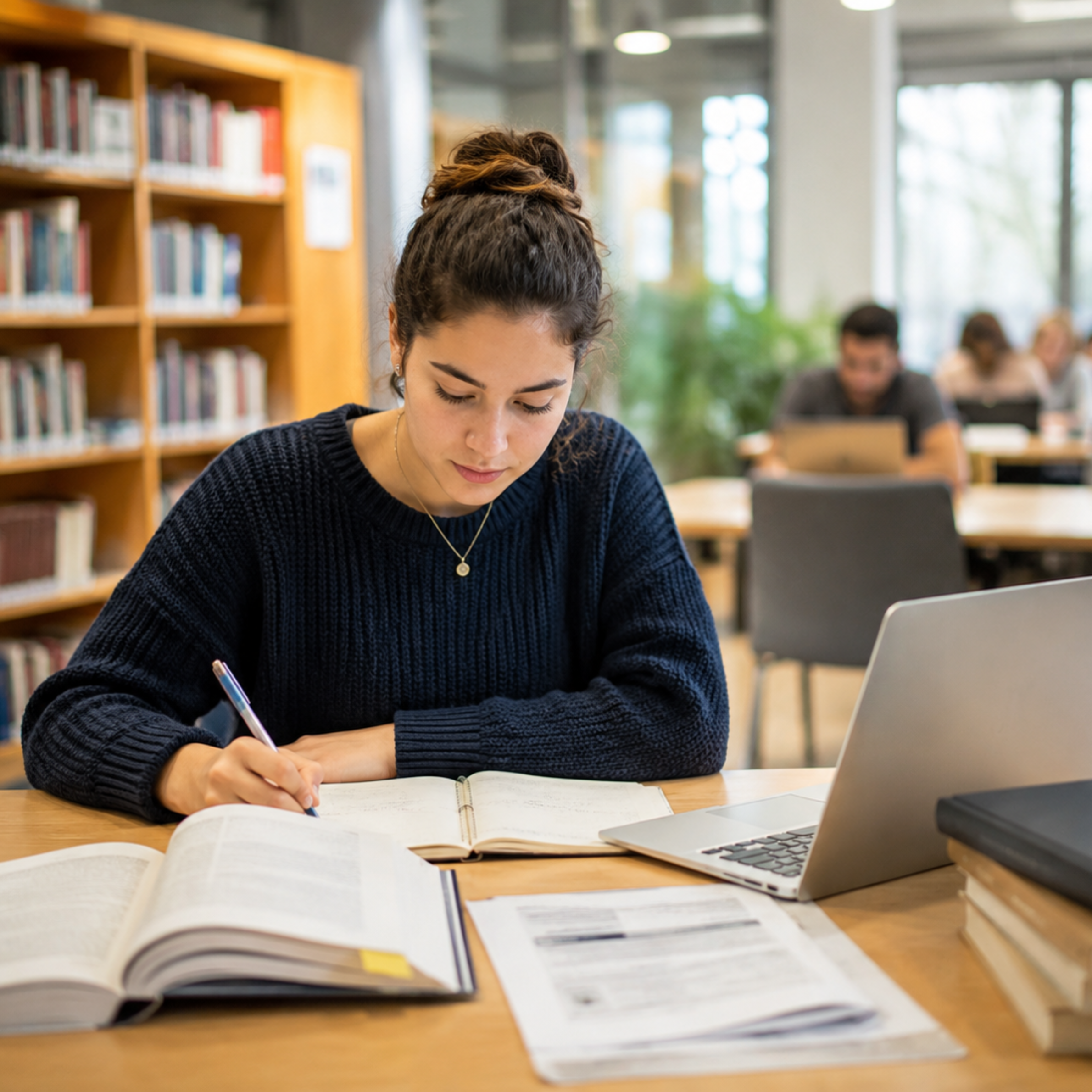 Student studying academic English with books and a laptop in a university library.