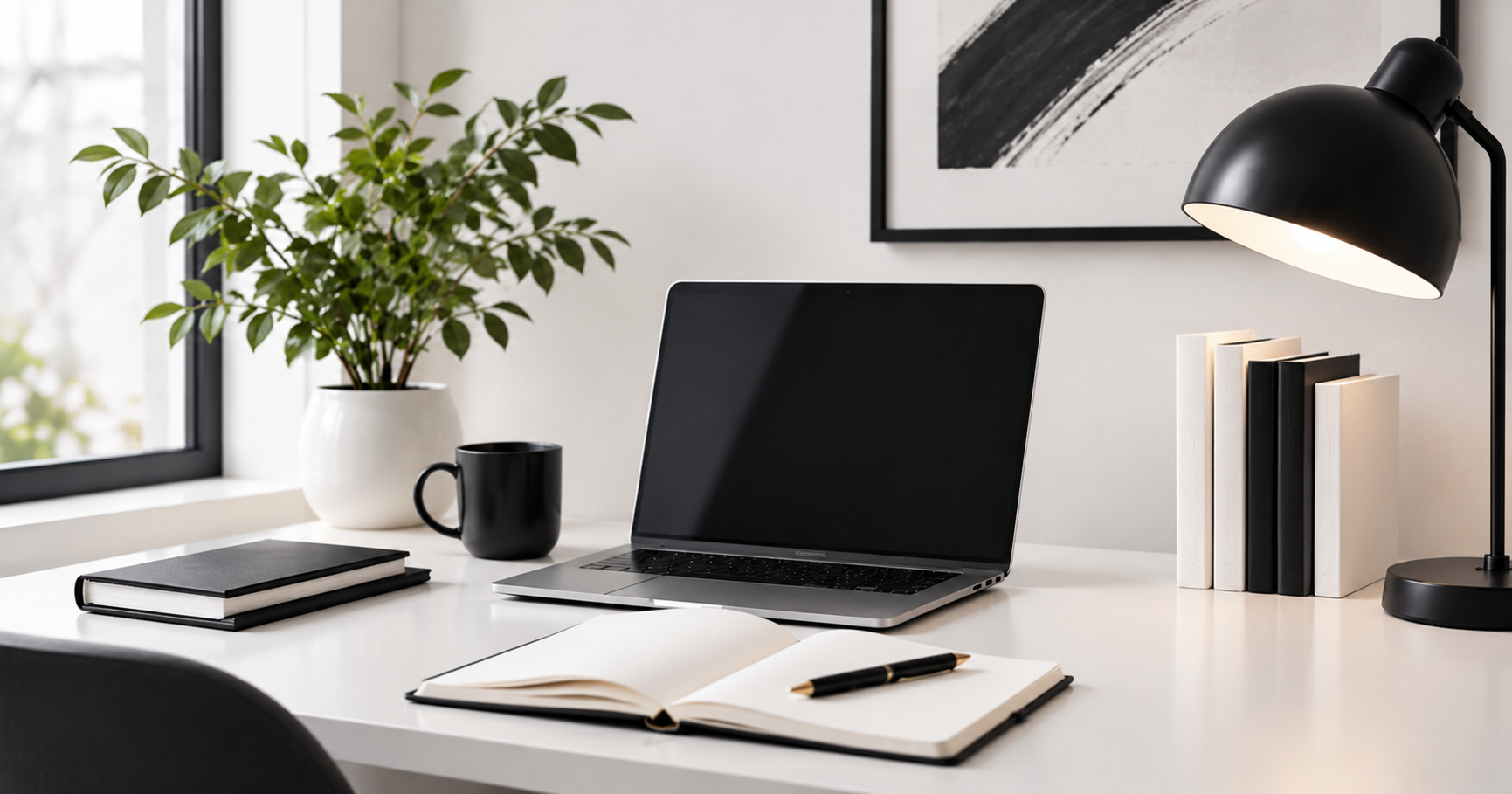 Modern workspace with a white desk, laptop, open notebook, black lamp, books and a green plant against a minimalist white background.