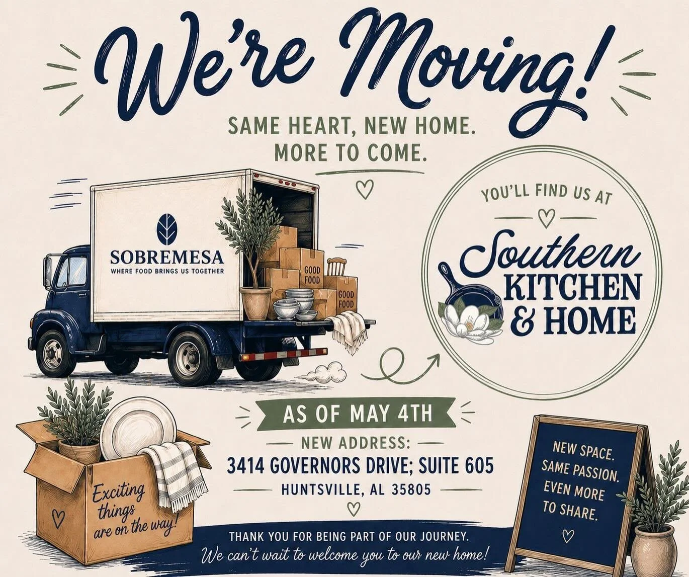 We&rsquo;re moving 🤍

As of May 4th, you&rsquo;ll find us in our new home inside Southern Kitchen &amp; Home.

Same Sobremesa.
A new space to gather, share, and experience it all together.

📍 3414 Governors Dr, Suite 605
Huntsville, AL

We can&rsqu