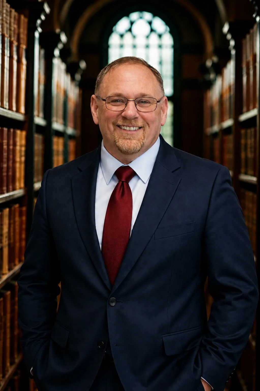 A man in a suit standing in a library with bookshelves and a large window in the background.