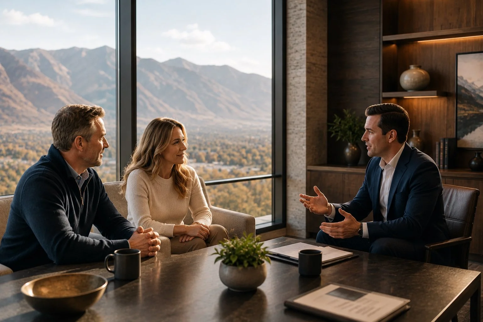 Family and business owners meeting with a trusted advisor in a modern Utah office, discussing estate planning, succession planning, and protecting what matters most.