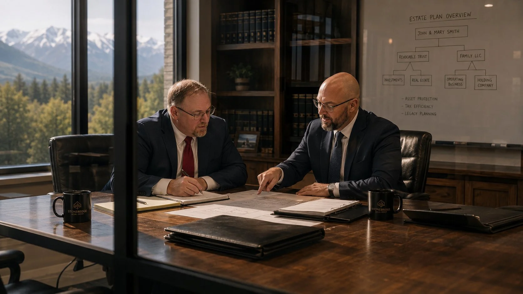 Two businessmen in suits discussing documents at a wooden conference table in a room with large windows showing mountains and trees outside. Whiteboard with estate plan diagram in the background.