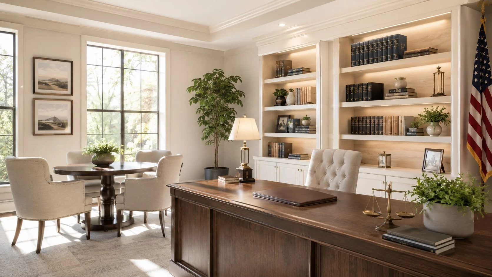 An office with a wooden desk, upholstered chair, bookshelf, framed photos, potted plants, and large windows with sunlight.