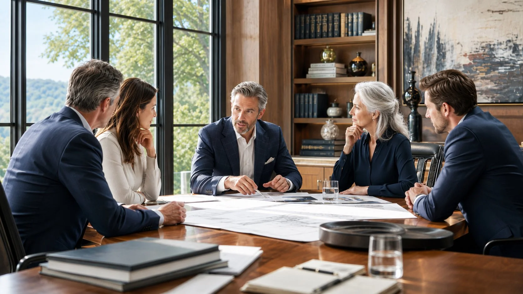 A group of five business professionals, three men and two women, in a meeting room with large windows showing trees, engaged in a discussion around a wooden table with documents and water glasses.