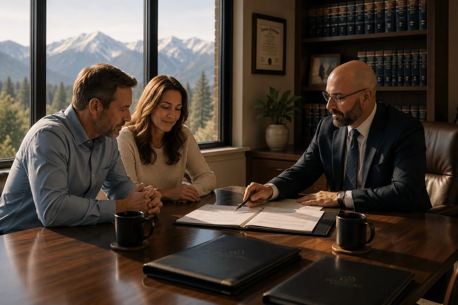 A man and woman sitting at a table with a lawyer or professional in an office, reviewing documents with mountain views outside the window.