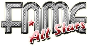 Logo for 'Fame All Stars' featuring stylized metallic text with a red star in the letter 'A' and a red 'All Stars' script overlay.